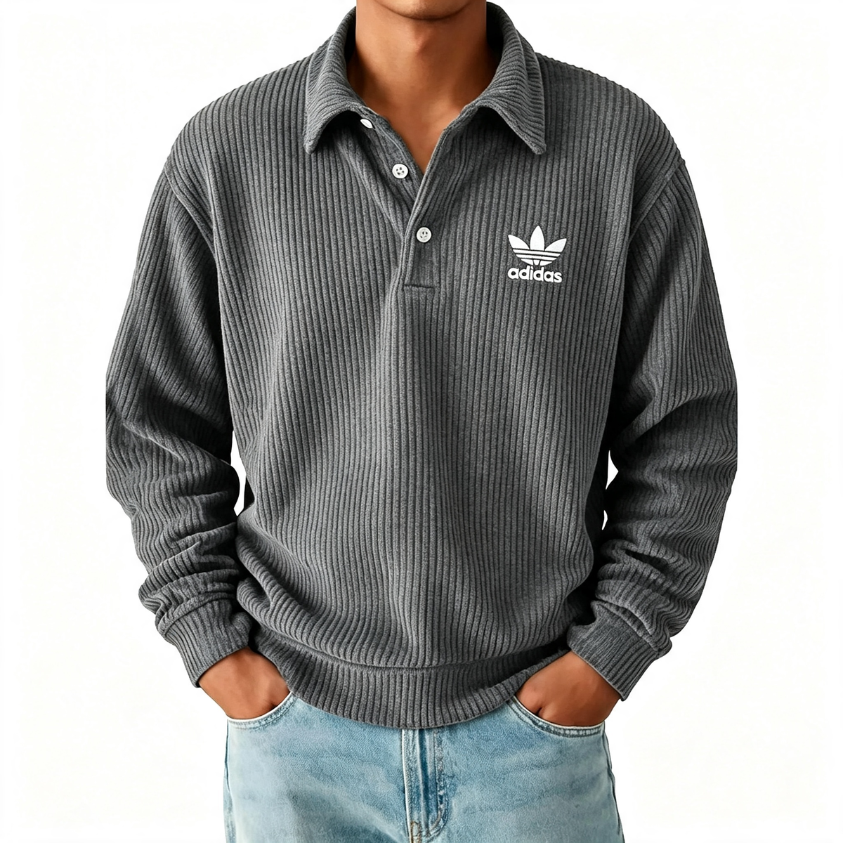 Men's Ribbed Long Sleeve Polo Sweatshirt, Classic Trefoil Logo Casual Pullover