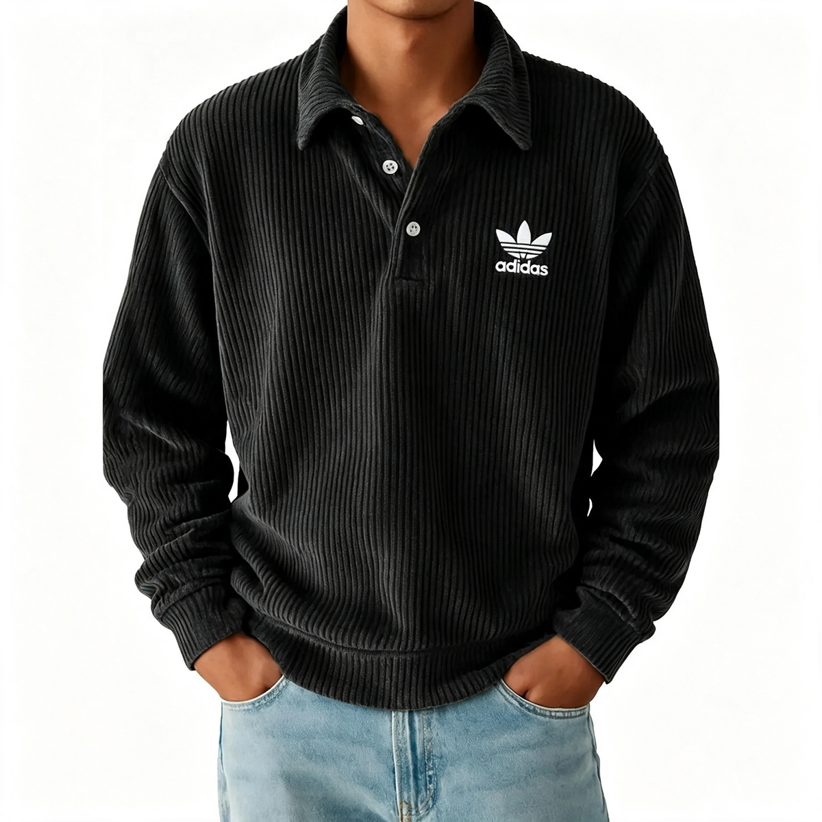 Men's Ribbed Long Sleeve Polo Sweatshirt, Classic Trefoil Logo Casual Pullover