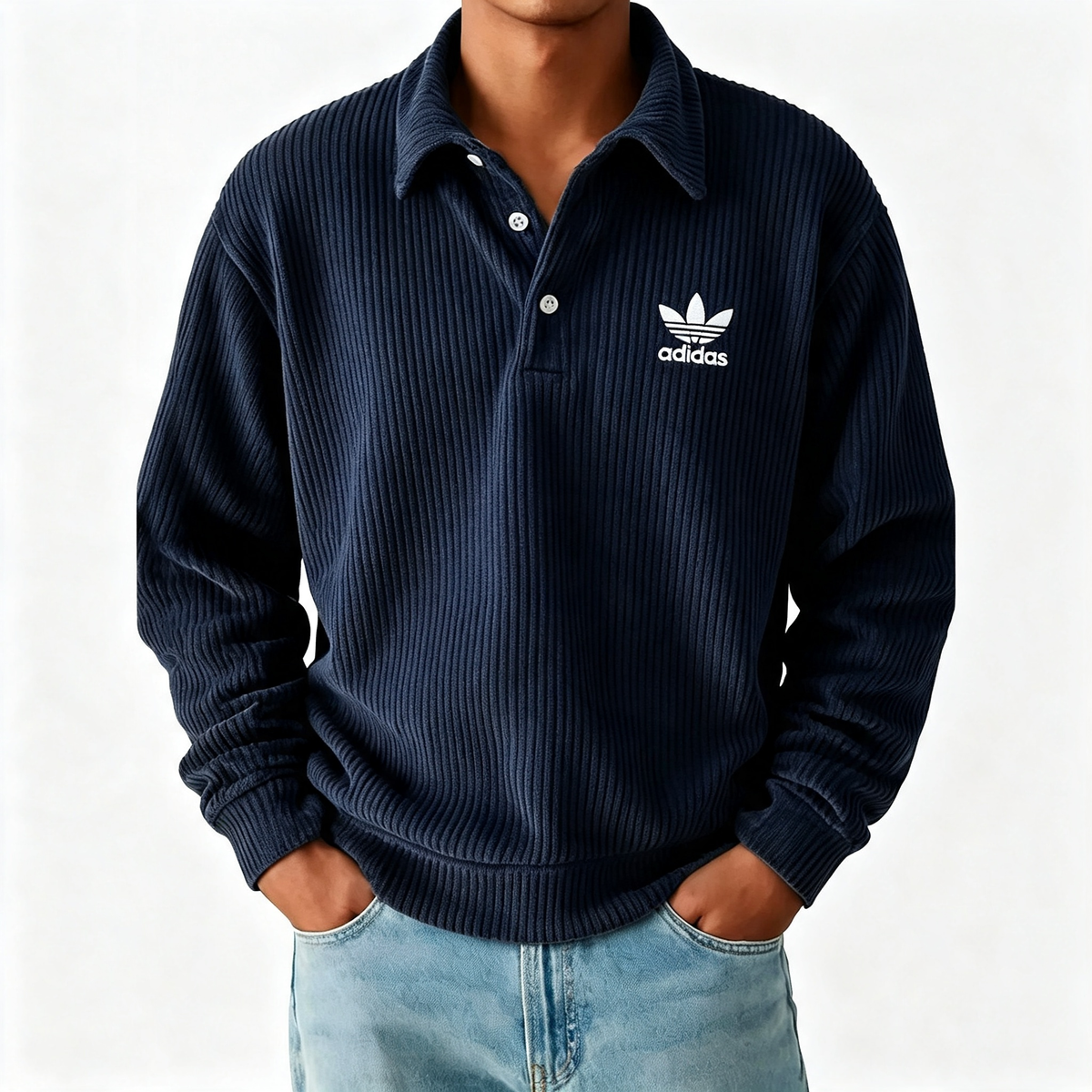 Men's Ribbed Long Sleeve Polo Sweatshirt, Classic Trefoil Logo Casual Pullover